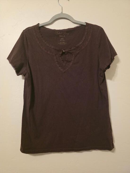 Faded Glory Tops - Faded Glory Brown Lace Trim Top Large Y2K Coquette Fairycore Cotton